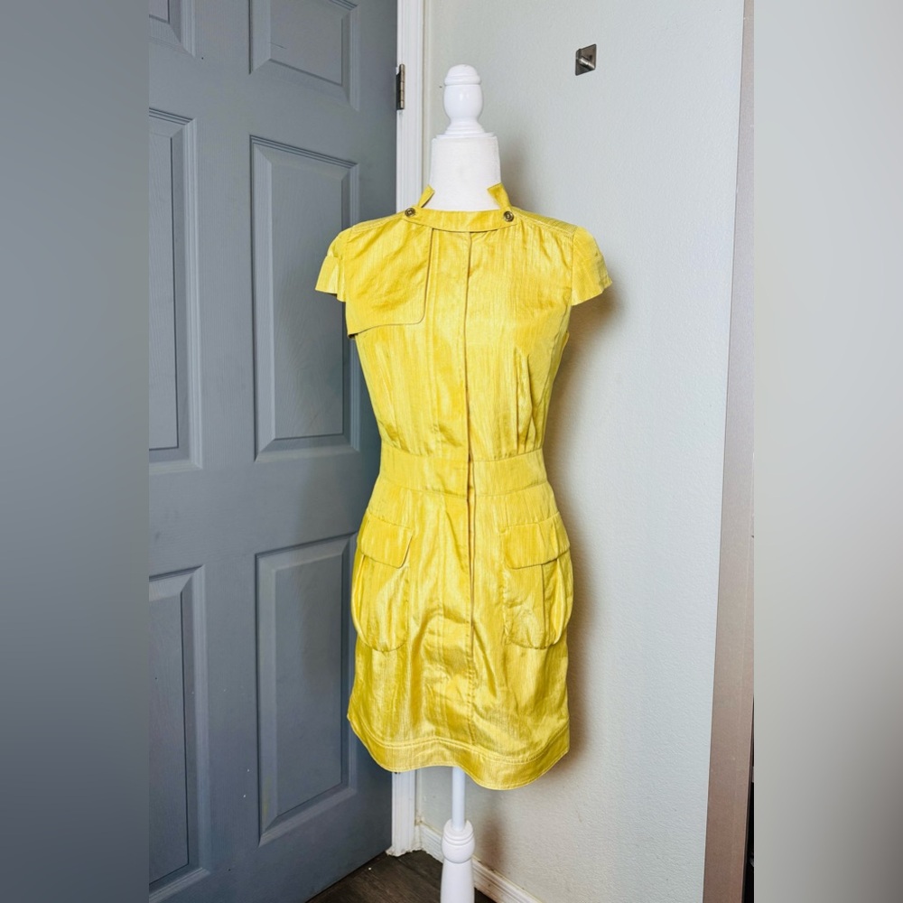 Avant-Garde K-Fashion Funnel Neck Dress Metallic Yellow Structural Utility Chic
